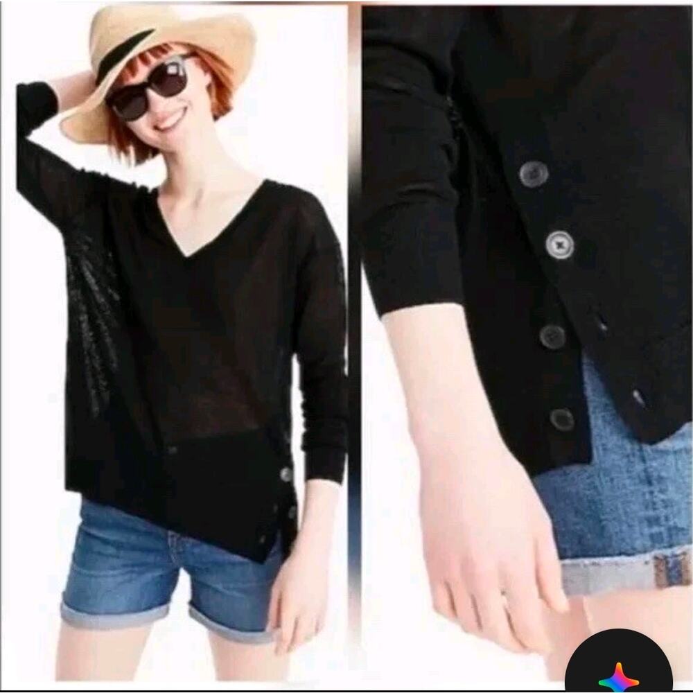 J. Crew Sweater Black V-Neck Linen Blend Side Buttons Womens Large Lagenlook